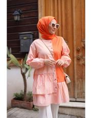 oranj ekru beymen çizgi detaylı mixli gömlek