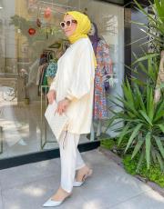 ekru 40430 kendinden çizgili soğuk iplik tunik 4