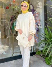 ekru 40430 kendinden çizgili soğuk iplik tunik 5