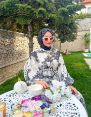 siyah oversize desenli keten elbise