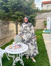 siyah oversize desenli keten elbise 2