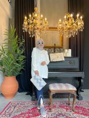 ekru 4296 inci çiçekli modal tunik