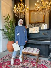  indigo 4299 taşlı kurdele modal tunik