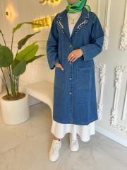 koyu mavi 7209 kuşaklı yaka detaylı trenç