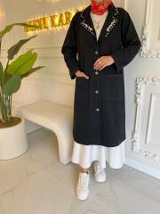 siyah 7209 kuşaklı yaka detaylı trenç