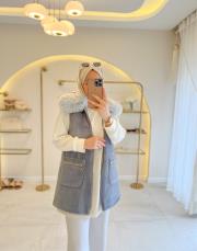 gri 7951 angora kürklü yelek