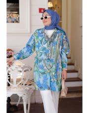 yeşil mavi mk nova desenli keten gömlek