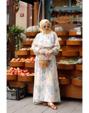 natural mk limon desenli keten elbise 2