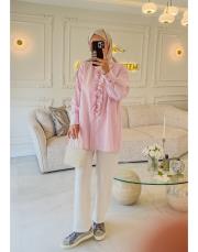 pembe taş işlemeli biye kemerli gömlek