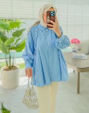 mavi omuzdan fiyonklu fırfırlı gömlek