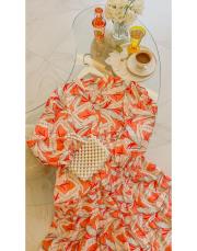 açık narçiçeği yaprak desenli elbise