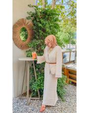 krem delik işi kemerli triko elbise 4