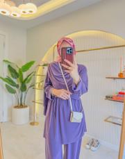 mor fular detaylı sandy takım