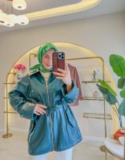 acı yeşil 2043 beli büzgülü deri ceket